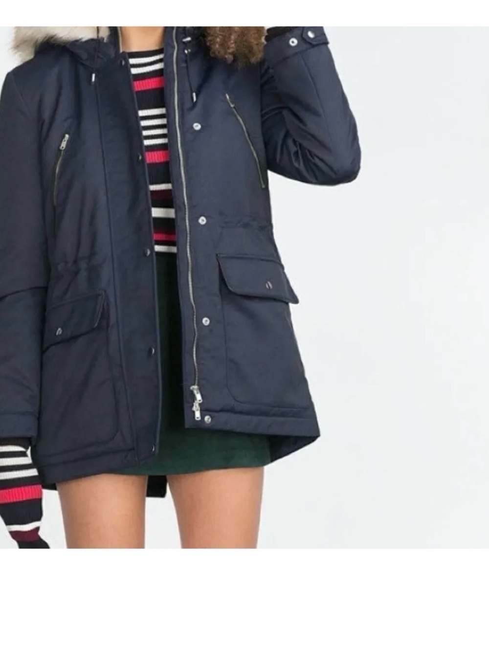 Zara Navy Parka Coat Hood Water Resistant Size Medium Winter faux fur fixed hood